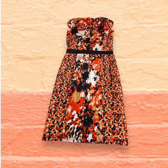 French Connection Orange Black Abstract Splatter Cotton Stretch Midi Dress S 6 - Picture 2 of 9
